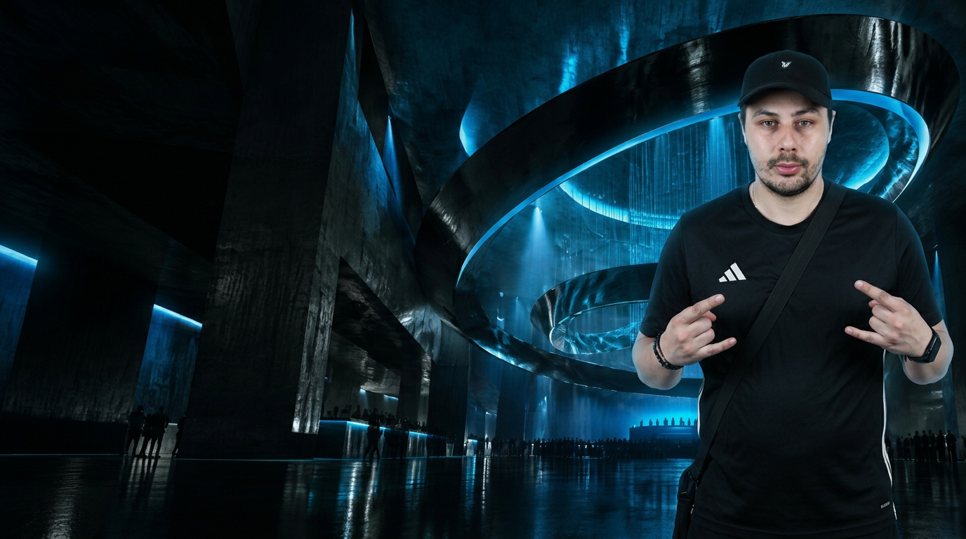 Filip relaxing inside the Future Sky Lounge beneath sculptural blue light rings